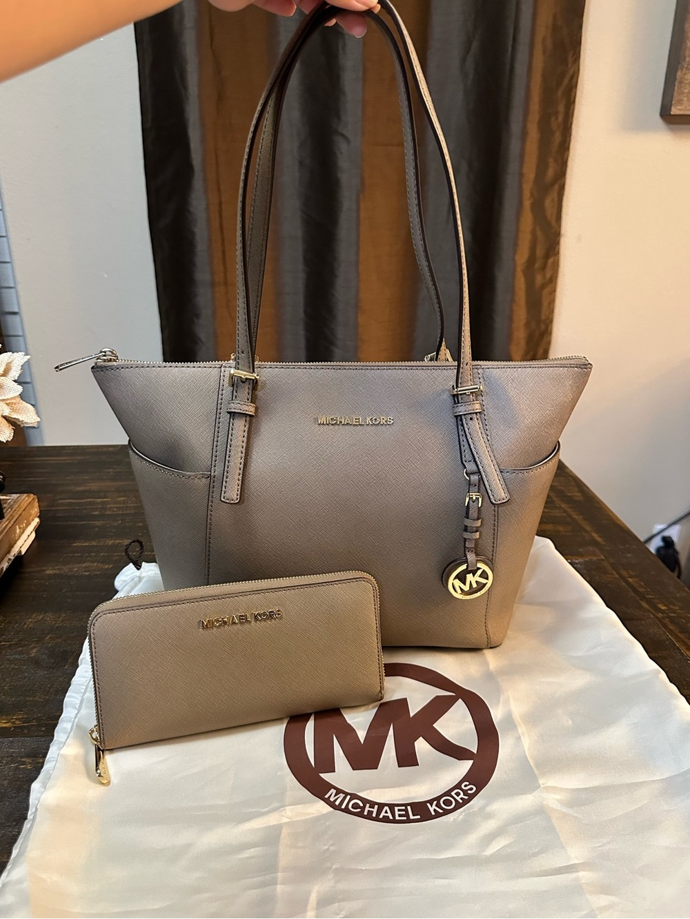 Michael Kors Taupe Saffiano Leather Tote with Matching Wallet Set